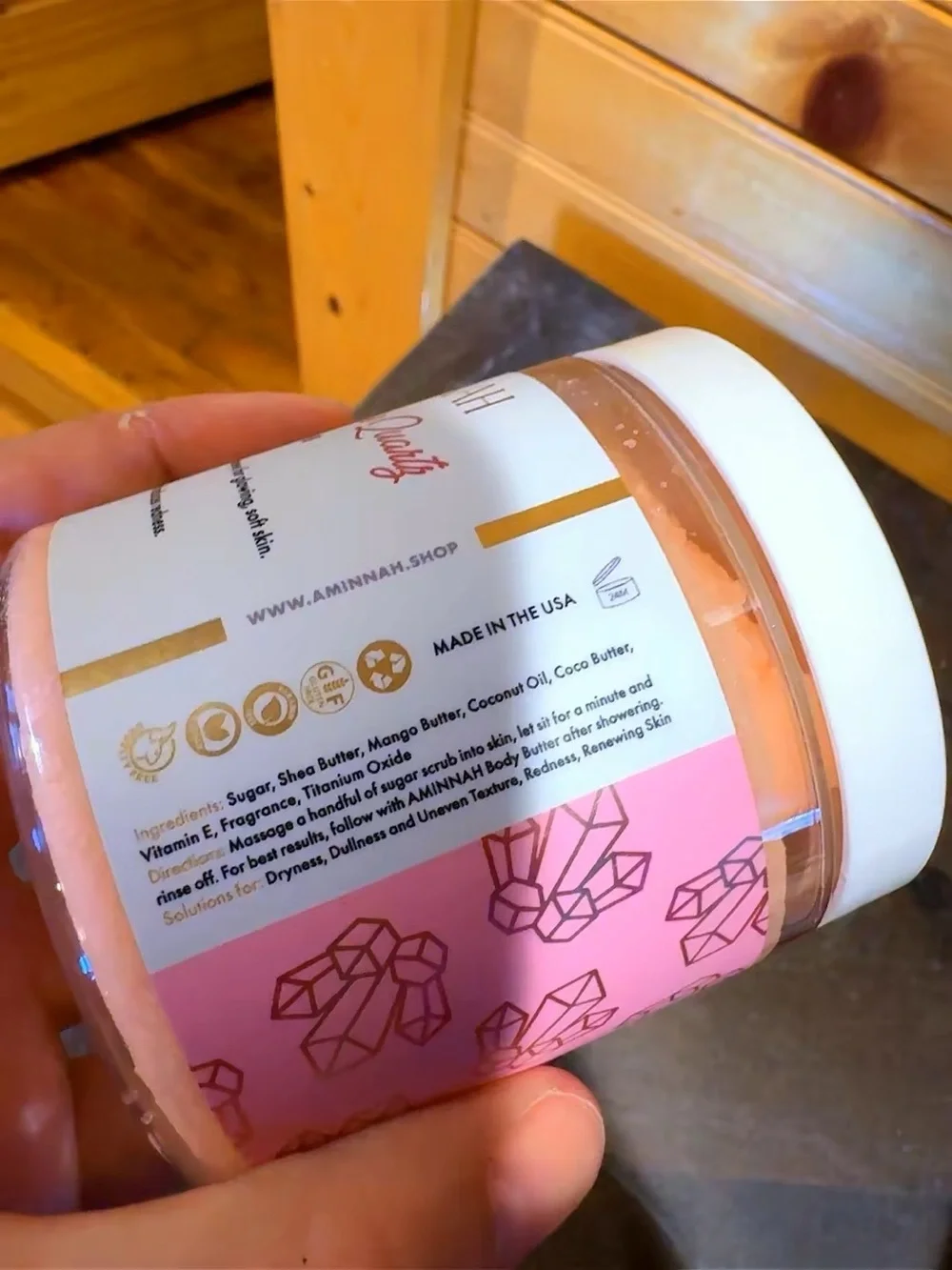 AMINNAH Rose Quartz Sugar Scrub 8 oz – NEW Inner Safety Sealed